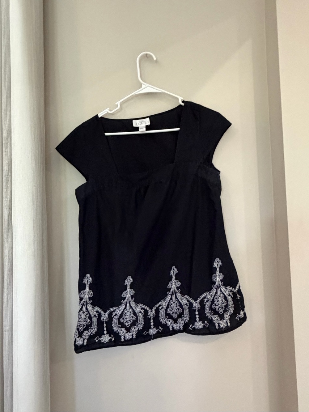 LOFT Black Short-Sleeve Top with White Embroidered Hem